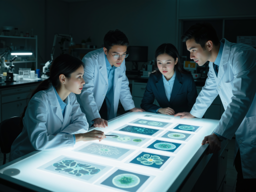 Research team working in laboratory setting, examining mosquito control devices, professional environment
